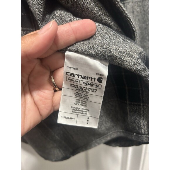 Carhartt Men Gray Plaid Flannel Loose Fit Long Sleeve Button Shirt Size Medium - Picture 4 of 5